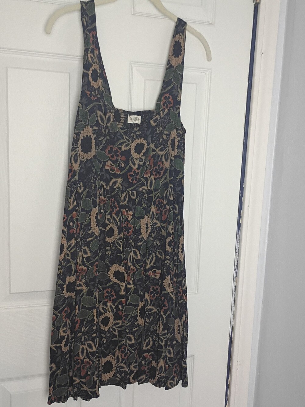 Natural Life Tricia Mini Dress Navy Tan Dahlias XL Forest Fairy Flowy